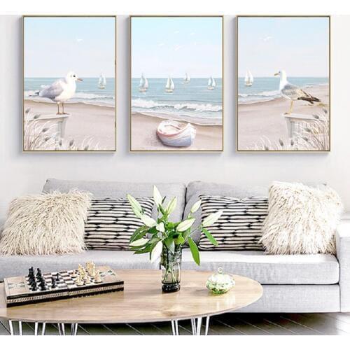 Modern Home Decoration Minimalist Mediterranean Birds Seascape Ocean Beach Nordic Poster For Living Room Wall Art Pictures