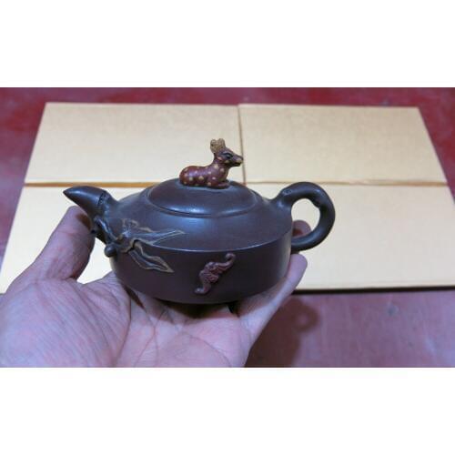 Old Chinese Handcraft Enameled YiXing Zi Sha Clay (purple stoneware) Teapot ,Deer & bat,with mark,Free shipping