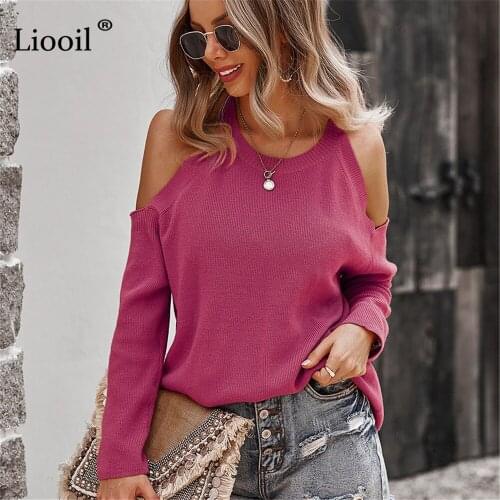 Liooil Off Shoulder Sweater O Neck Long Sleeve T Shirt for Women Casual Ladies Loose Black Jumpers For Women Autumn Winter 2021