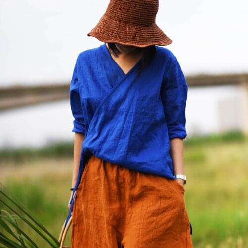 Women Loose Ramie Summer Autumn Shirt Tops Ladies Vintage Ramie Cotton Retro V Neck Blouse Female 2020 Shirts