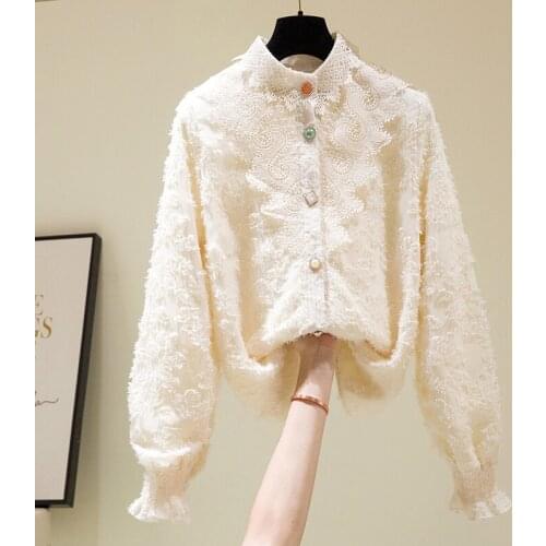Lace Shirt Female Autumn and Winter Long Sleeve Fleece Thickened Warm Lace Blouse Lady All-Match Basic Tops