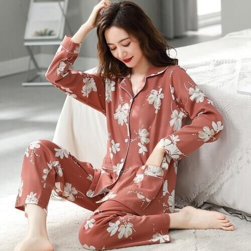 Womens Spring and Autumn Long-sleeved Pajamas, Mothers Wear, Flowers, Cotton Home Service, Middle-aged, Plus Size Home Service