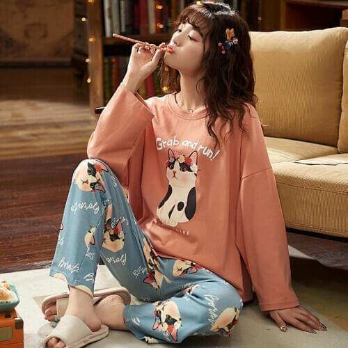 Spring and Autumn Womens Pajamas, Cotton Long-sleeved Loose and Thin, Cartoon Printed Two-piece Home Service Suit Pijamas Sexy