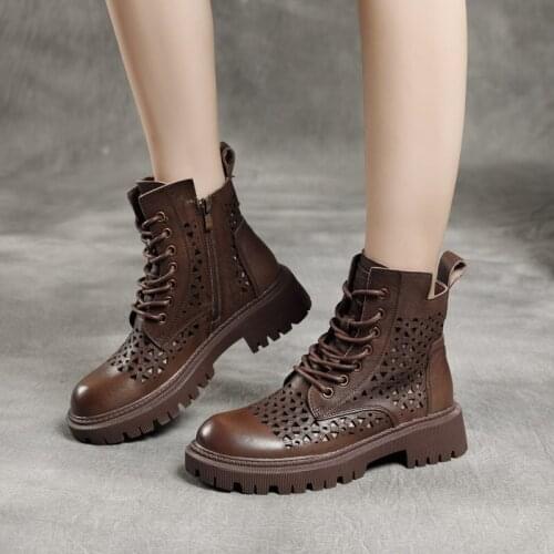 2021 new handmade leather retro hole boots Martin boots first layer cowhide zipper hollow female short sandals tide shoes