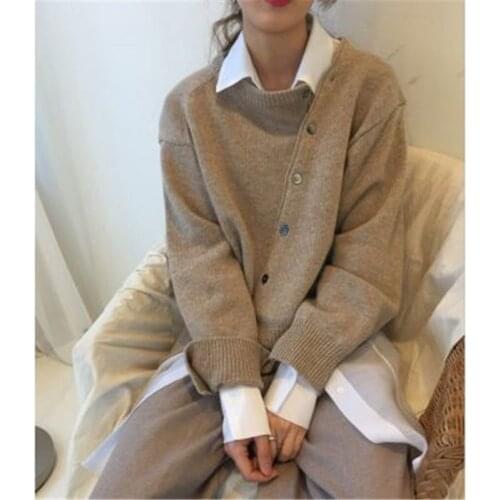 Women Casual Sweater Autumn Winter 2020 Korean Style Oblique Buckle Long-sleeved Knitted Tops Minimalsit O-neck Tops 2020