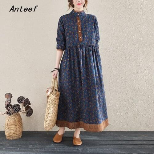 Long sleeve plus size cotton linen lace vintage floral dresses for women casual loose spring autumn dress elegant clothing 2021