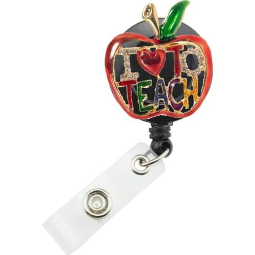 50pcs/lot Cute Rhinestone Crystal Apple Shape Retractable ID Name Card Bagde Reel for Teachers