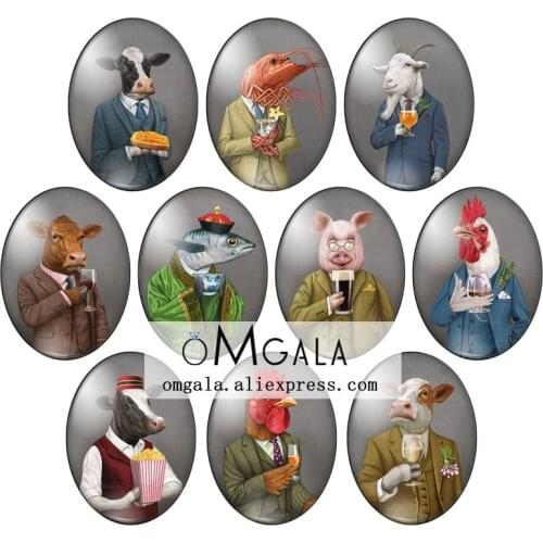 Cute Cow Fish Sheep Pig Amimals with Suit 10pcs 13x18mm/18x25mm/30x40mm Oval photo glass cabochon demo flat back Making findings