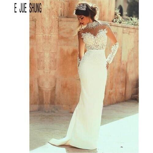 E JUE SHUNG Romantic Mermaid Wedding Dresses With Crystals High Neck Illusion Long Sleeve Hollow Back Lace Appliques Bridal Gown