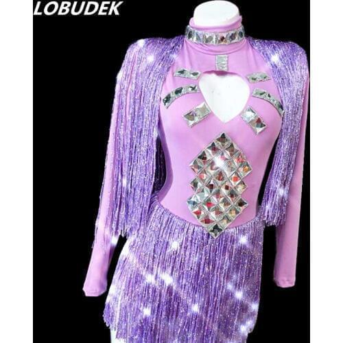 Purple Tassels Bling Crystal Bodysuit Sexy Nightclub Women Singer Bar Concert Stage Outfit Dance Team Show Jazz Costume 6 Colors