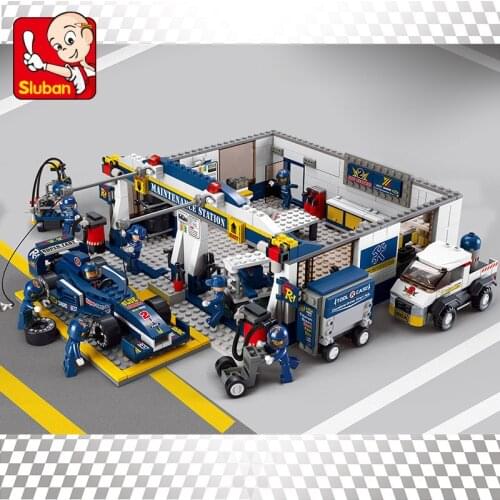 SLuban Racing Series F1 Track Repair Station Model Building Block Car Minifigures Educational Toy Childrens Toy Boys Gift Kids