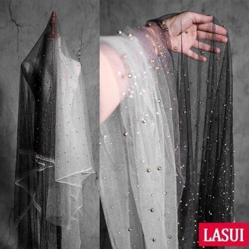 LASUI 2019 NEW 3 yards =1 piece Bright Starry star black gradient perspective Bronzing powder +gold beaded mesh lace fabric