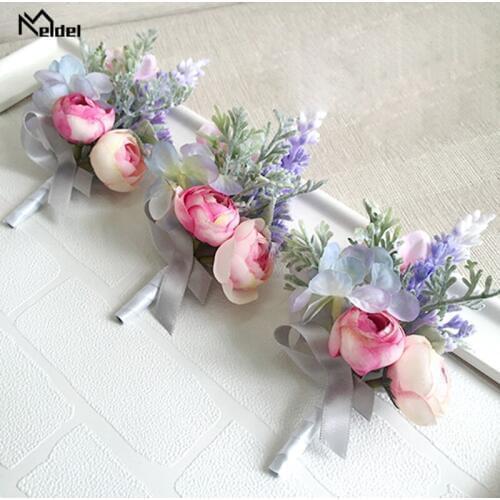 Meldel Wedding Bracelet for Bridesmaid Silk Roses Wedding Bride Wrist Corsage Bracelet Flower Pink Wedding Accessories Marriage