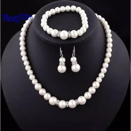 Fashion Classic Imitation Pearl Silver Plated Clear Crystal Top Elegant Party Gift Fashion Costume Pearl Jewelry Sets