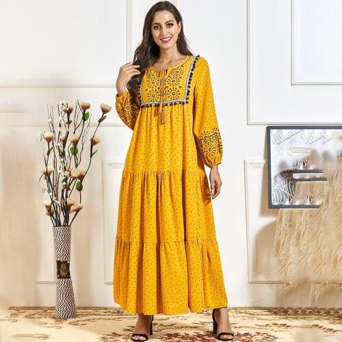 Muslim dress Fashion autumn womens ethnic embroidery stitching multi-layer pleated casual long skirt Abaya Dubai Dresses