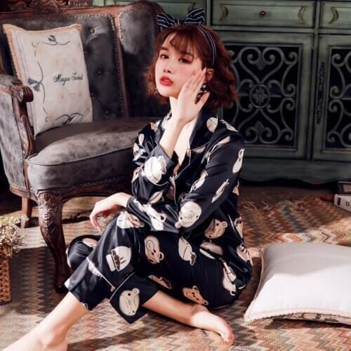 2020 New Autumn Women Faux Silk Pajamas Set Animal Cartoon Nightwear Long Sleeve Sleepwear For Women Pyjamas Winter Mujer Pijama