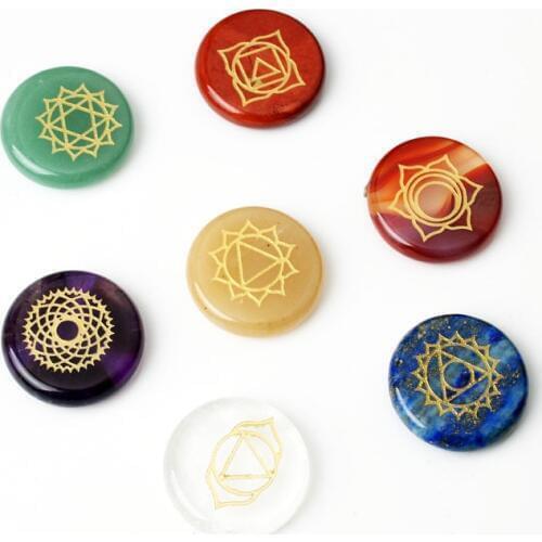 NEW 7 piece Engraved Chakra Stone Palm Stone Crystal Reiki Healing Free Shipping