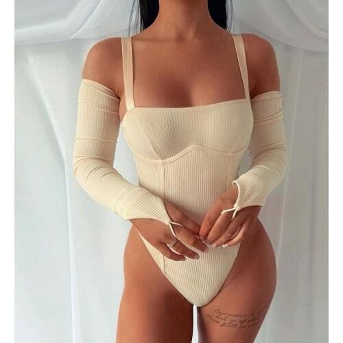SEASONS Solid Strap Bodycon Bodysuit Women With Sleeve Autumn Basic Short Jumpsuits Lady Fashion Ribbed Body Suit Top ASJU83547