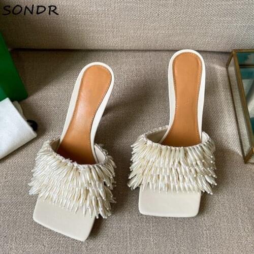 Fashion String Bead Square Toe Slippers Women Genuine Leather High Heels Mules Summer Beach Slides Runway Brand Deisgn Shoes