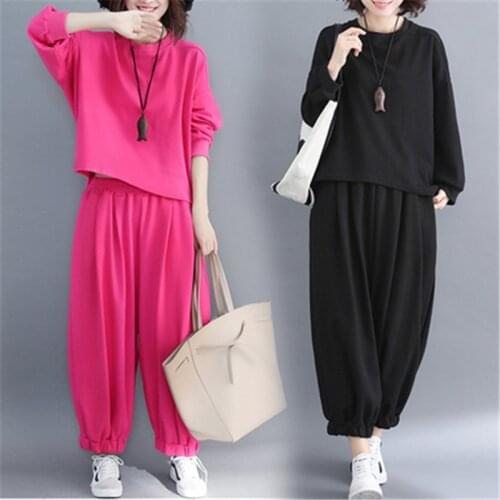 Large Size Loose Solid Color Fashion Suit Female Round Neck Irregular T-Shirt + Elastic Waist Nine-Point Pants Two-Piece Woman