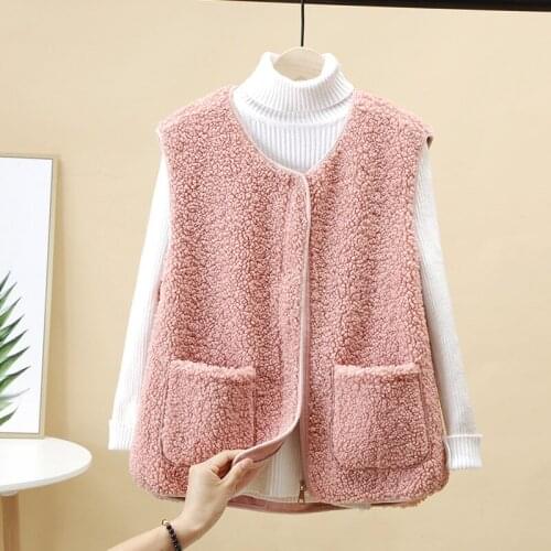 Spring Autumn Woman Lambswool Zipper Pockets Vest O-Neck Casual Solid Lady Vest Waistcoat Warm Plus Size Vest Jacket for Female