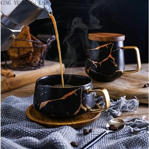Japanese Black and White Ceramic Cup European Style Marble Pattern Matte Series Tea Cup Coffee Cup with Wooden Saucer 400ml