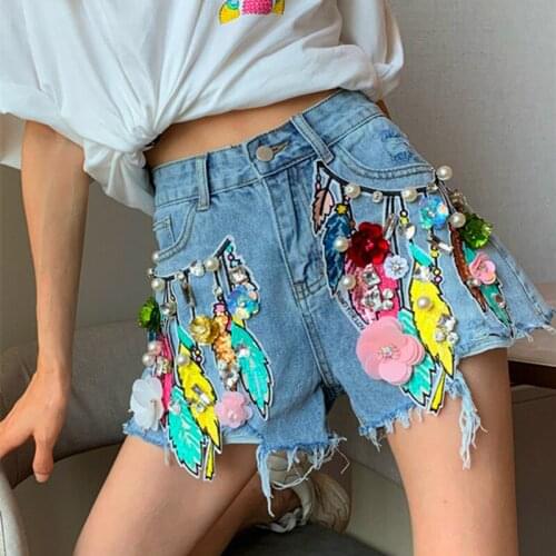 Jeans Shorts for Women 2020 Summer New Europe Cargo Heavy Beaded Diamond Flowers Denim Shorts Loose trend pants
