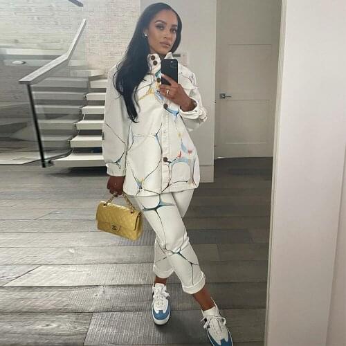 Simplicity Aesthetic Print Two Piece Set OL Office Lady Outfits Long Sleeve Buttons Blouse Shirt+straight Trouser Sweat Suits