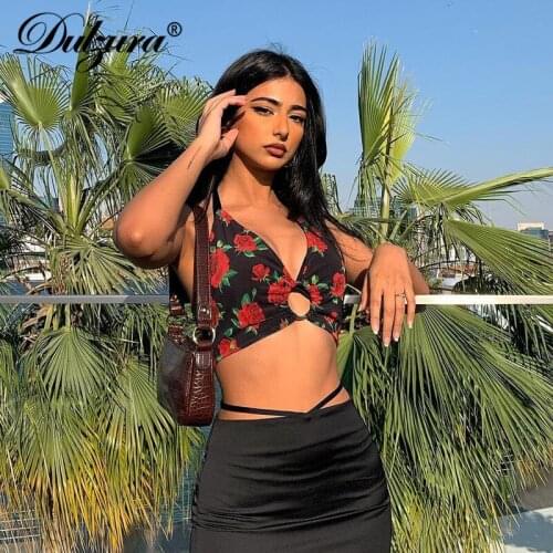 Dulzura Floral Print Women Halter Crop Top Lace Up Buttons Hollow Out Bodycon Sexy Streetwear Party Club 2021 Summer Festival