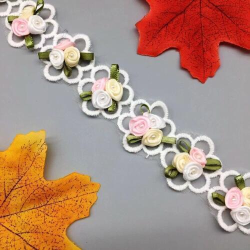 10pcs Pearl Beaded Rose Flower Embroidered Lace Trim Ribbon Floral Applique Fabric Handmade DIY Wedding Dress Sewing Craft