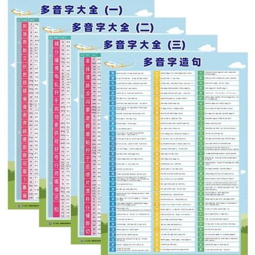 4Pcs/set Polyphone Simplified Chinese Characters Charts for Primary School Students Early Education Wall Charts/Posters