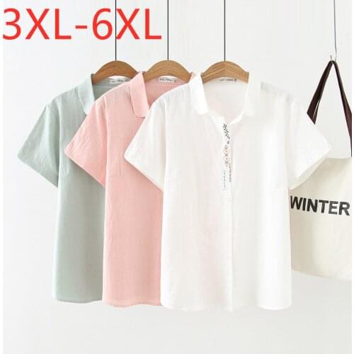 New 2021 Ladies Summer Plus Size Tops For Women Large Blouse Short Sleeve Loose Casual White Pink Cotton Shirt 3XL 4XL 5XL 6XL