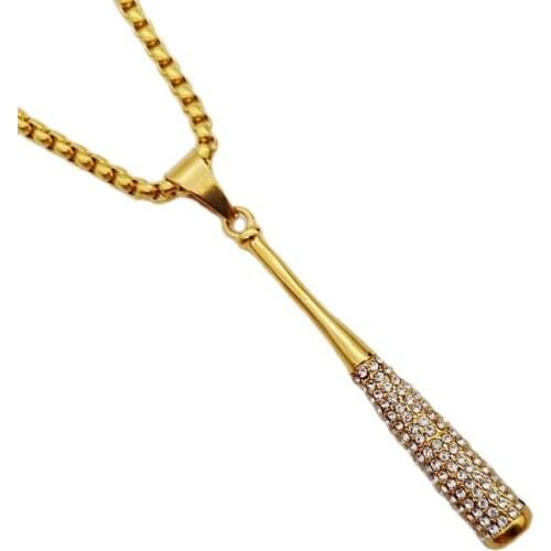 Gold color stainless steel Baseball bat pendant necklace iced out Bling bling white rhinestones baseball bat rock punk neckace