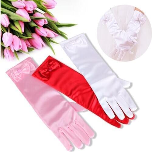 Princess Dance Stage Long Gloves Satin Kids Girls Dress Costume Accessories with Bow Children 's Day Birthday Xmas Gifts