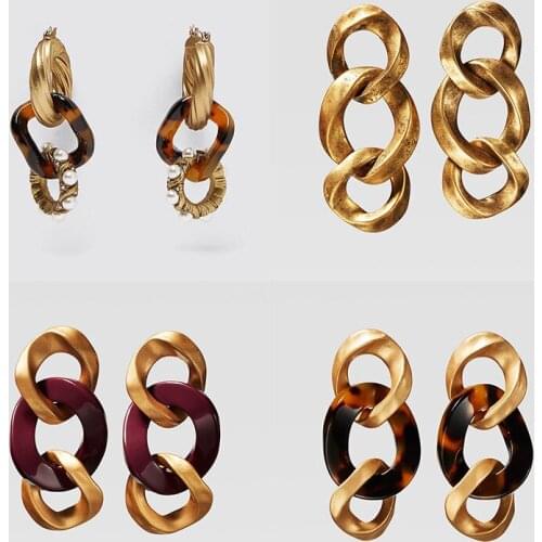 Exaggerated geometry multilayer metal resin chain pendant earrings earrings in Europe and America leopard grain resin