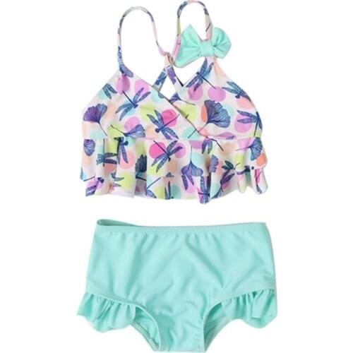 D0AF Baby Girls Swimsuit Sleeveless Ruffle Two Piece Swimwear Printing Bathing Suits