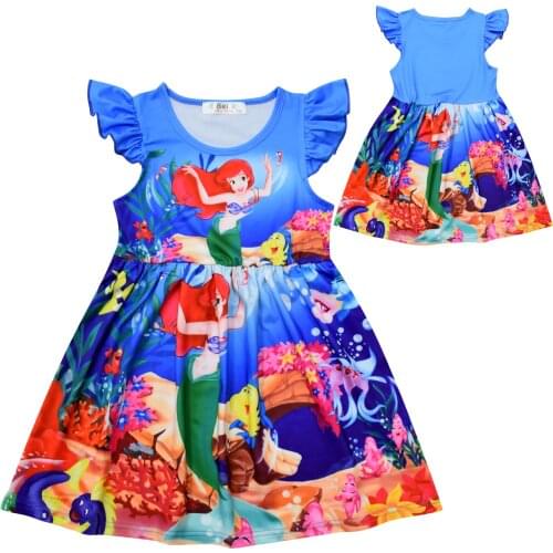 Summer Baby Girl O-neck Cartoon Print Mermaid Dress Birthday Dresses Casual Costume Kids Clothes