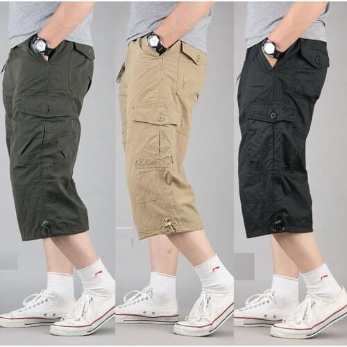 Summer Sport Loose Shorts Men 3/4 Knee Length Shorts Elastic Waist Casual Multi-Pocket Cotton Cargo Shorts Male Military Style