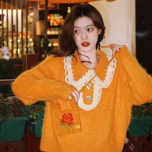 Peter pan collar solid cute sweater elegant temrperament mild mohair sweater simple orange cheerful pullovers 2020 winter jumper