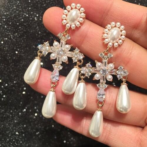 Fashion cross shape white pearl Baroque long tassel earrings for women