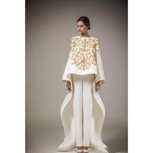 Muslim Evening Dresses Sheath Long Sleeves Appliques Jumpsuits Moroccan Kaftan Dubai Saudi Arabia Long Prom Dress Gown