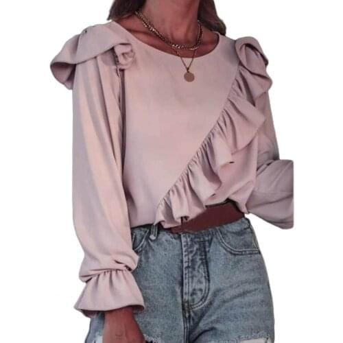 Autumn Women Long Sleeve Ruffles T-shirt Tunic Top Flounce Pleated Office Blouse For Women Casual Clothing Femme Tops