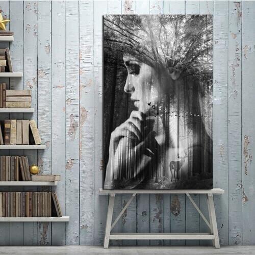Poster Black and White Nordic Forest Canvas Indian Wall Art Girl Wall Art Decorations Tribal Woman Portrait Canvas Paintings