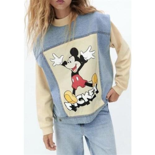 Disney Mickey Mouse Pullover Cartoon Denim Patchwork Hoodies Women O-Neck Long Sleeve Clothes Harajuku Tops Female Sweatshirt