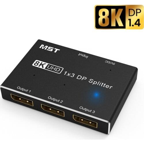 8K DisplayPort Splitter 1 in 3 Out 8K@30Hz 4K@144Hz Ultra HD DP 1.4 Splitter MST SST Triple Adapter Hub for DisplayPort 1x3 Port