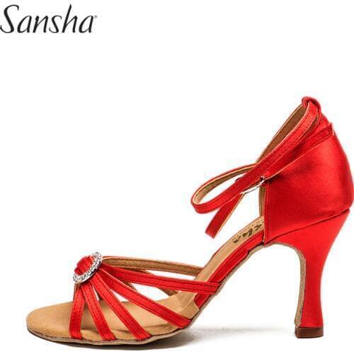 Sansha Women Satin Latin Shoes 8.5CM/3.3" Heel Black Red Ballroom Salsa Dance Shoes For Girls Ladies Heel Customizable BR33051S