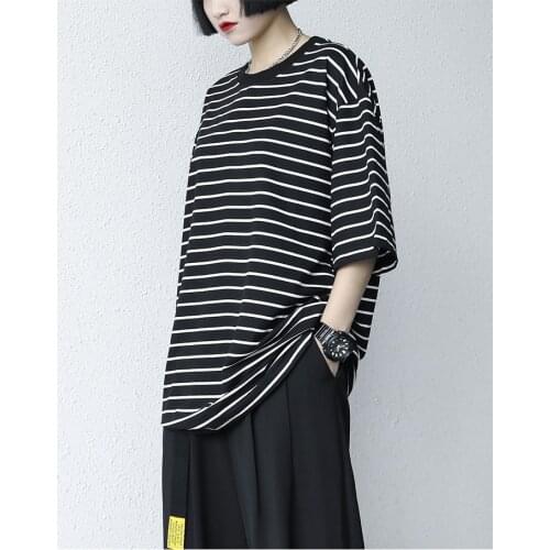 2021 summer new simple basic round neck short sleeve loose medium long striped T-shirt womens top