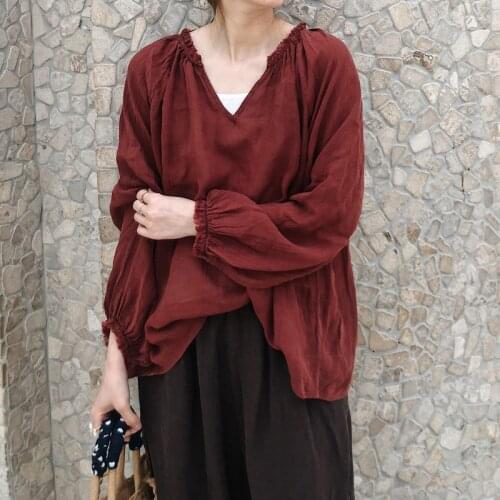 2021 spring and summer new womens art cotton linen ramie V-neck loose slim long sleeve shirt 0510