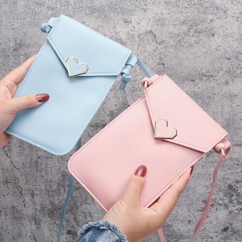Women Bag for Phone Touch Screen Wallet Bag Buckle Retro Small Leather Shoulder Strap Handbag Womens Heart-Shaped Decoration