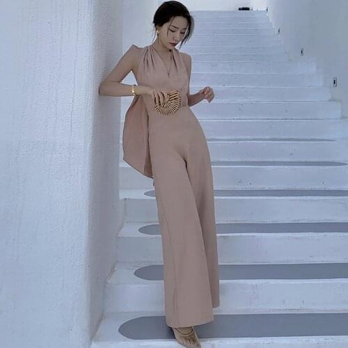 Fashion Summer Casual Retro Beach Loose Party Jumpsuits Women Elegant Sexy Halter Backless Sleeveless Wide-Leg Long Jumpsuits